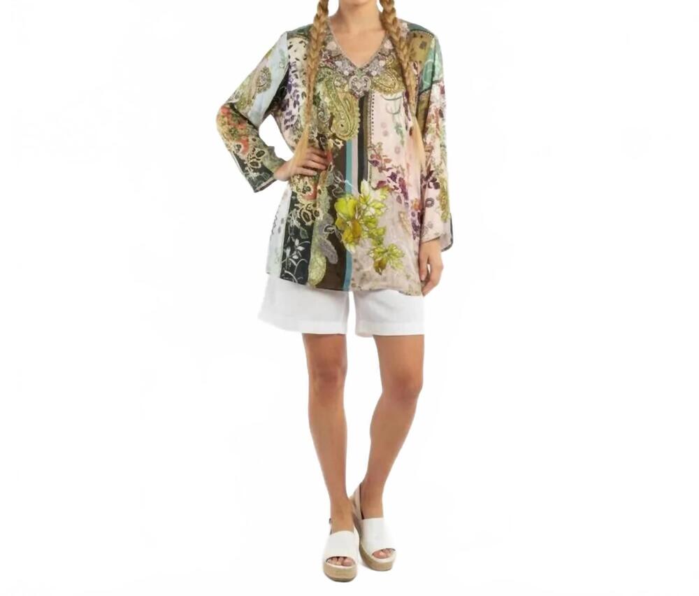 NEW JOHN MARK french market embellished tunic top in pink multi